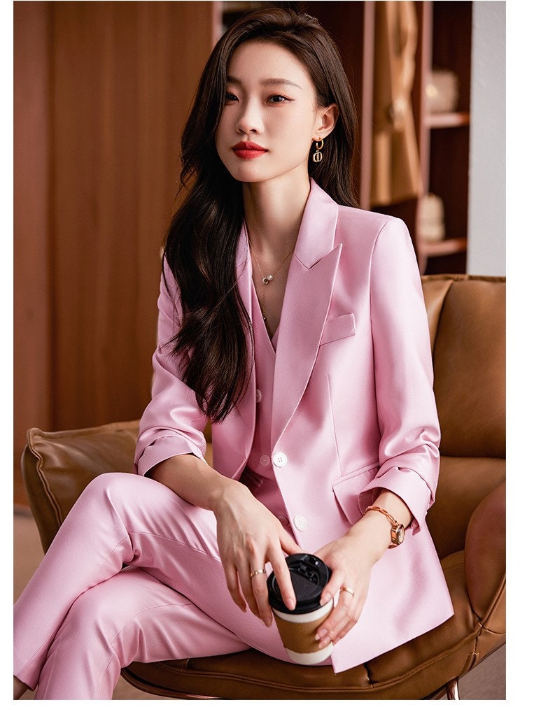 Pink/ Orange Shiny Pantsuit, Designer Woman Suit Jacket + Pants + Vest Set Minimalist Style for Smart Casual/ Formal/ Wedding/ Prom/ Gift