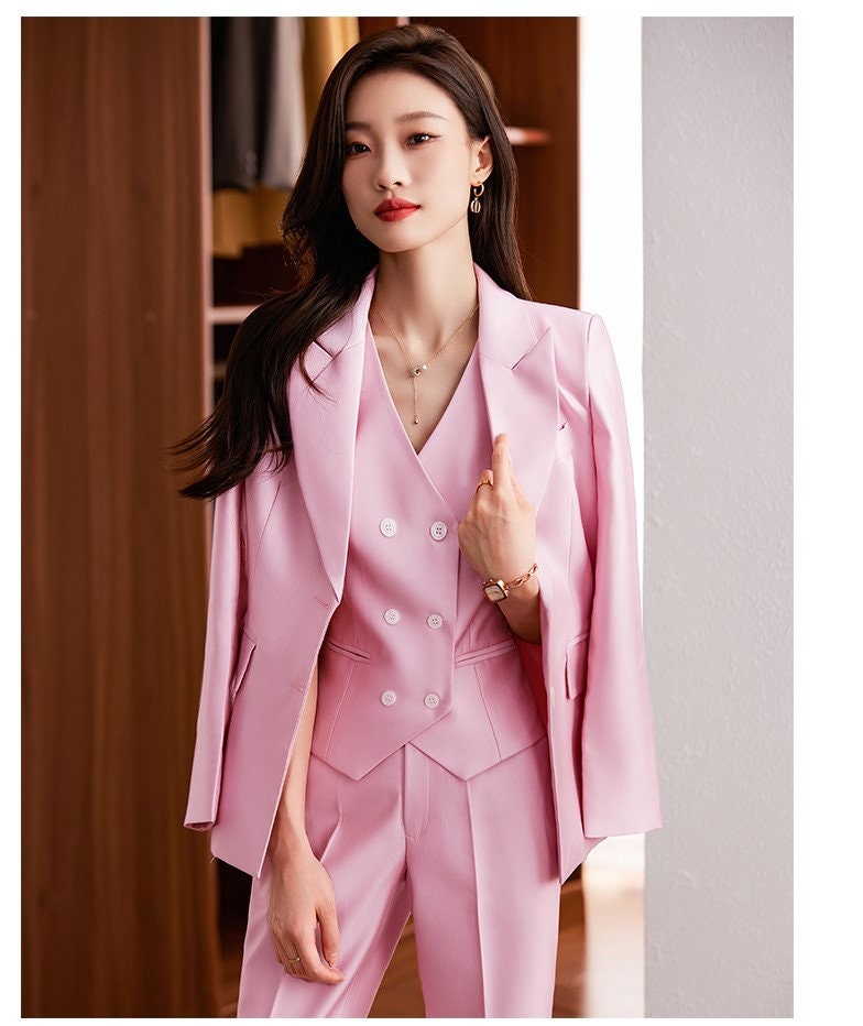 Pink/ Orange Shiny Pantsuit, Designer Woman Suit Jacket + Pants + Vest Set Minimalist Style for Smart Casual/ Formal/ Wedding/ Prom/ Gift