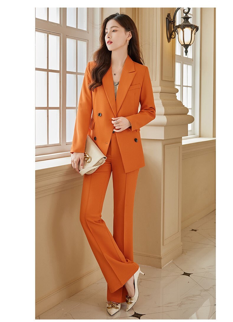 Orange/ Green/ Black Pantsuit, Designer Woman Suit Jacket + Pants Set Minimalist Style Smart Casual/ Formal Office work/ Wedding/ Prom