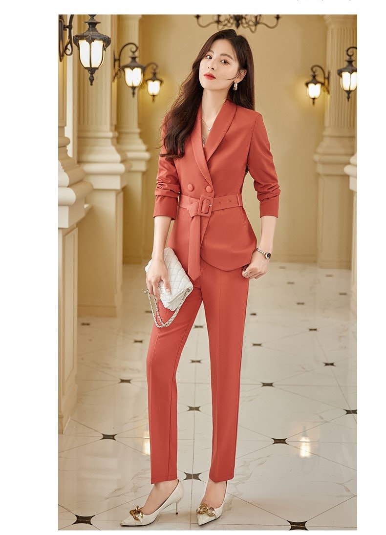 Tiffany/ Burnt orange/ Black Pantsuit, Designer Woman Suit Jacket + Pants Set with belt for Smart Casual/ Formal/Office work/ Wedding/ Prom