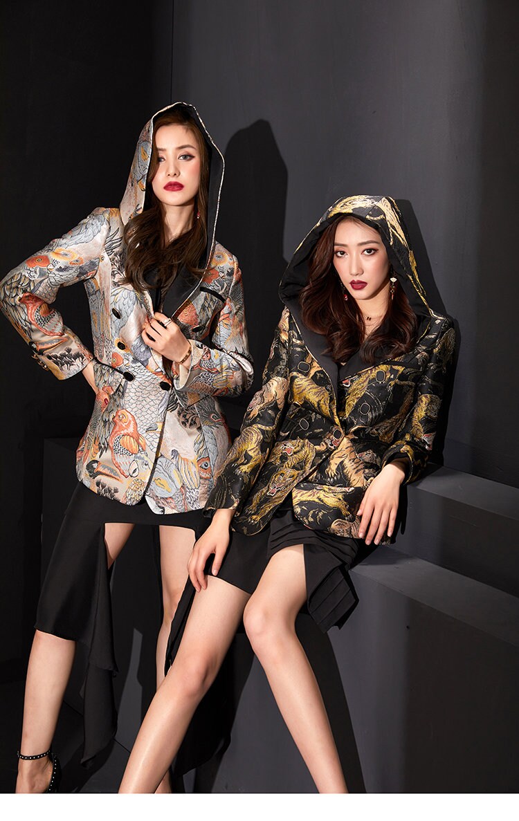 Heavy embroidery blazer with hood, designer woman suit jacket Japanese style animals graphics smart casual formal office work wedding prom