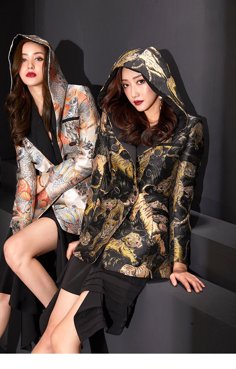 Heavy embroidery blazer with hood, designer woman suit jacket Japanese style animals graphics smart casual formal office work wedding prom