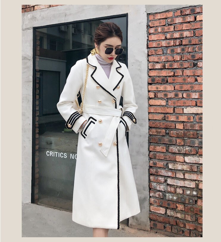 White/ black deluxe trench coat, designer woman long coat thick texture smart casual formal England style outdoors wedding prom gift