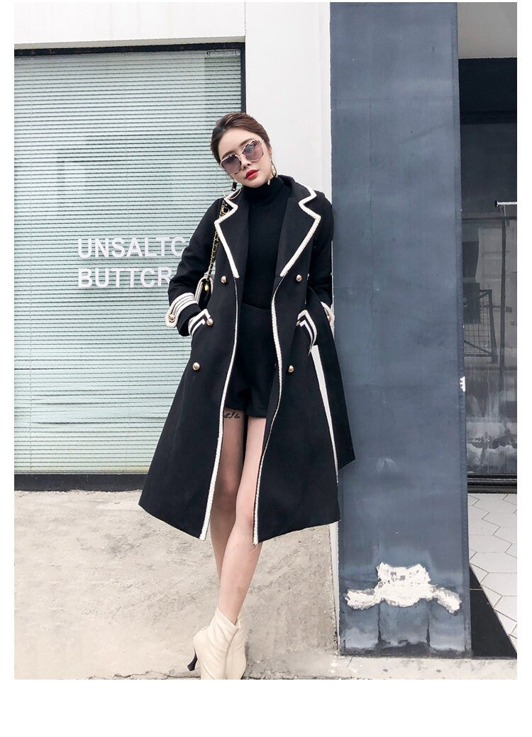 White/ black deluxe trench coat, designer woman long coat thick texture smart casual formal England style outdoors wedding prom gift