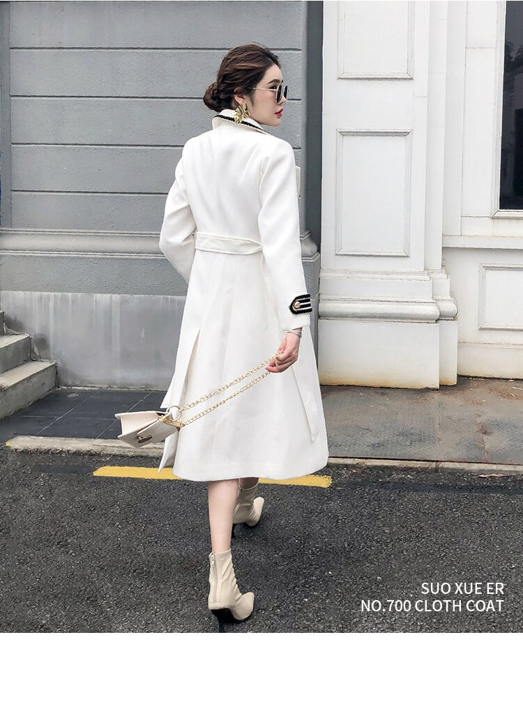 White/ black deluxe trench coat, designer woman long coat thick texture smart casual formal England style outdoors wedding prom gift