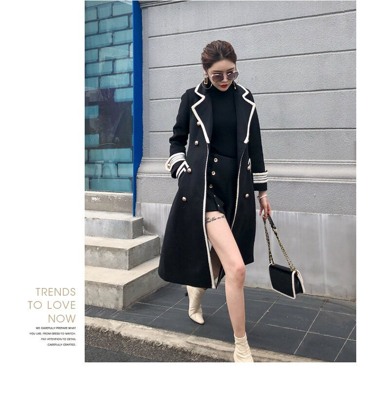 White/ black deluxe trench coat, designer woman long coat thick texture smart casual formal England style outdoors wedding prom gift