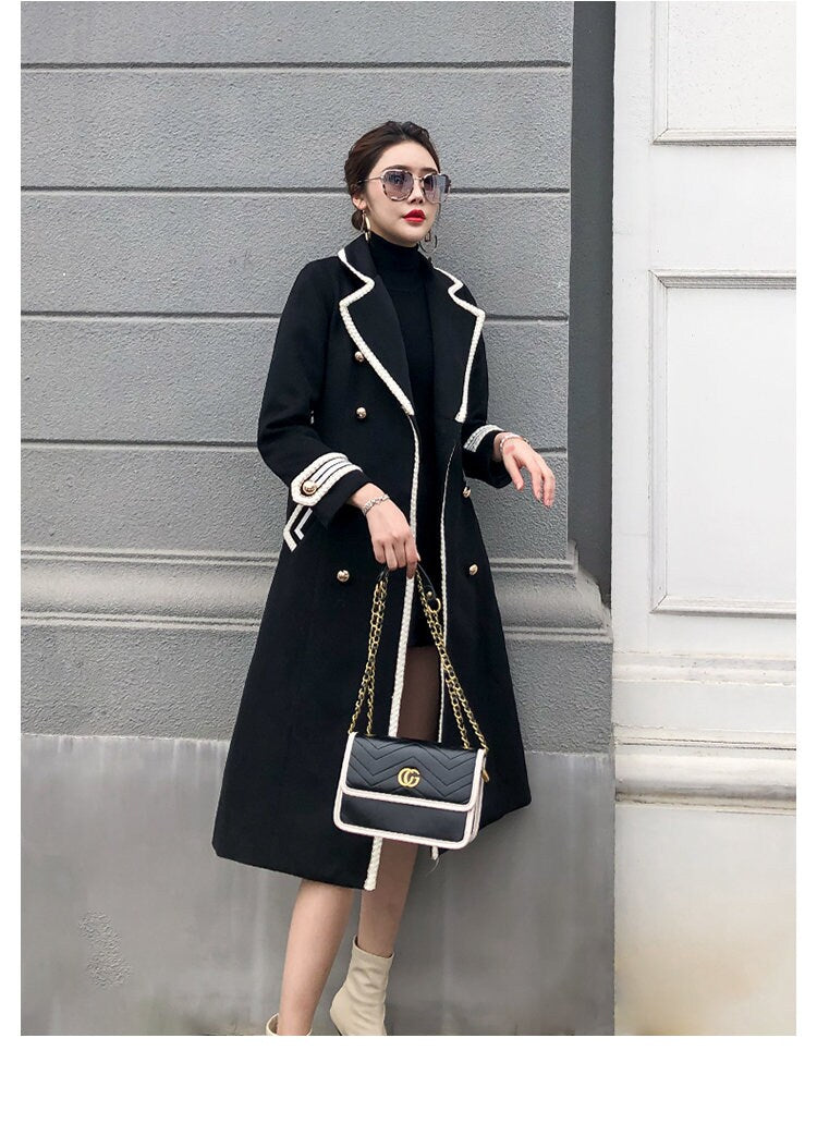 White/ black deluxe trench coat, designer woman long coat thick texture smart casual formal England style outdoors wedding prom gift