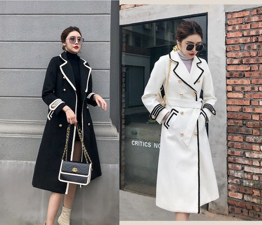 White/ black deluxe trench coat, designer woman long coat thick texture smart casual formal England style outdoors wedding prom gift