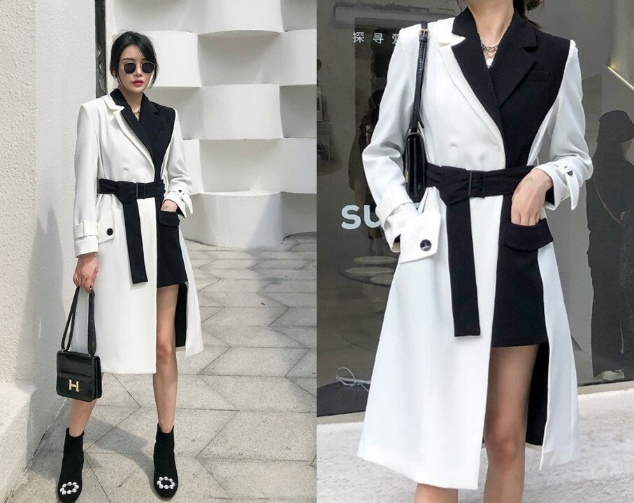 Black and white cruella trench coat, designer woman long coat smart casual formal England style office work wedding prom birthday gift