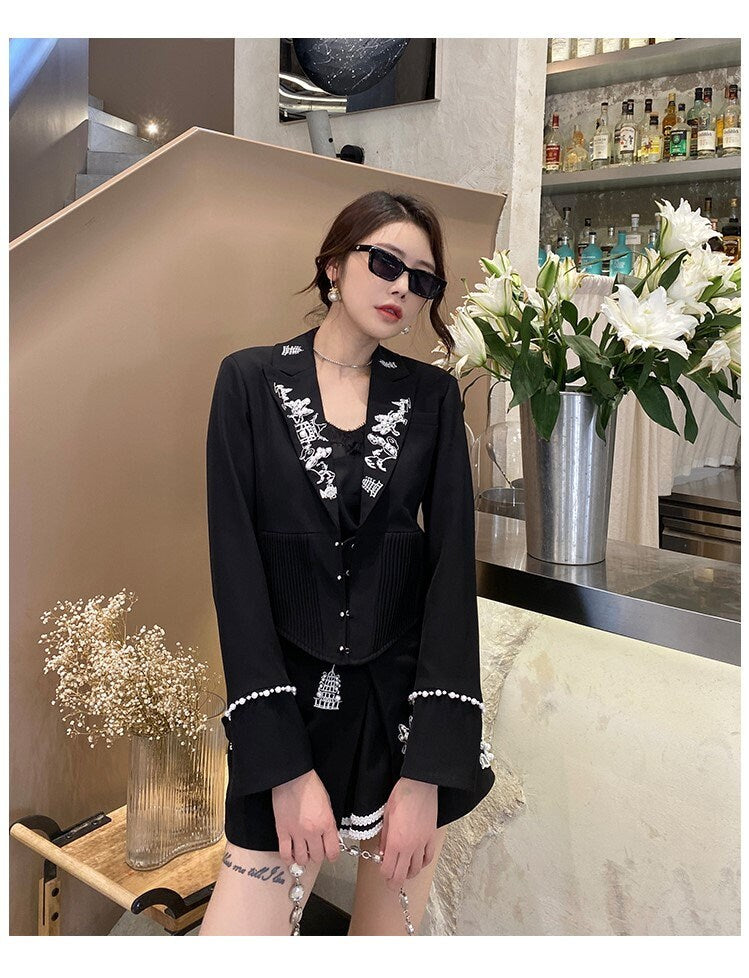 Black embroidery classic suit, designer woman suit jacket + shorts suit set, smart casual formal office work wedding prom birthday gift