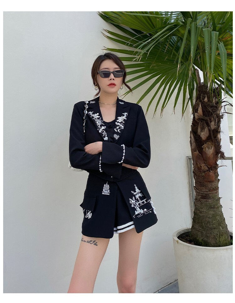 Black embroidery classic suit, designer woman suit jacket + shorts suit set, smart casual formal office work wedding prom birthday gift