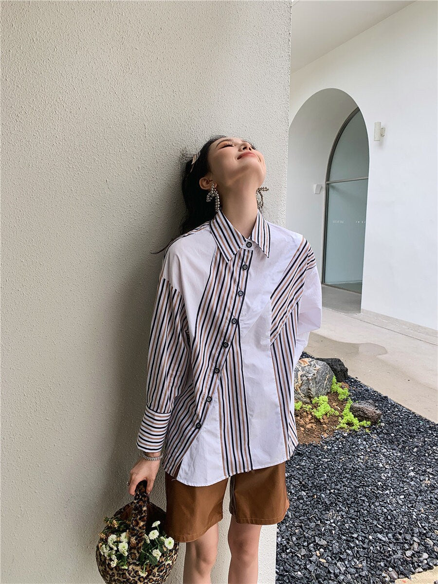 Asymmetrical loose fit geometry blouse, designer woman button shirt patchwork graphics smart casual office wear formal gift for her