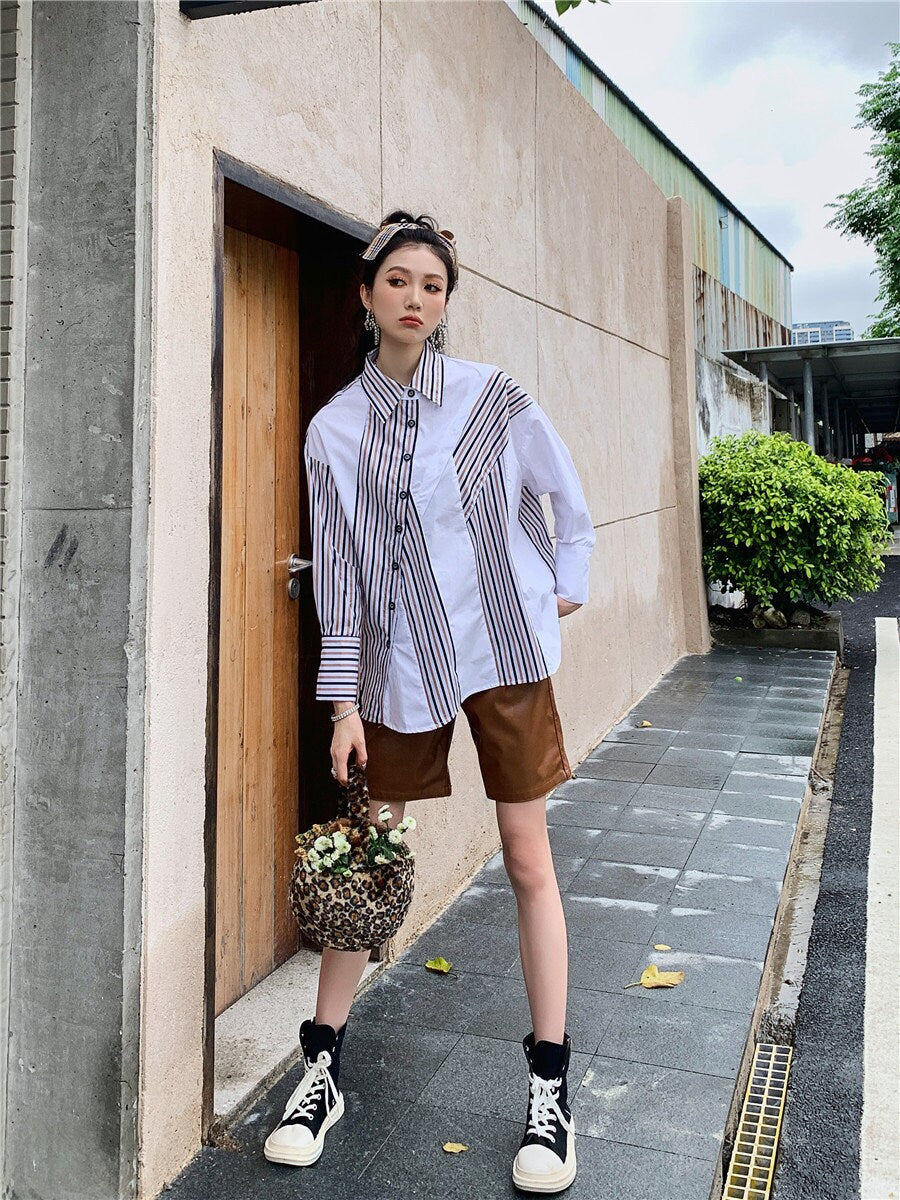 Asymmetrical loose fit geometry blouse, designer woman button shirt patchwork graphics smart casual office wear formal gift for her