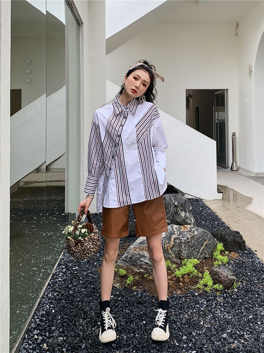 Asymmetrical loose fit geometry blouse, designer woman button shirt patchwork graphics smart casual office wear formal gift for her