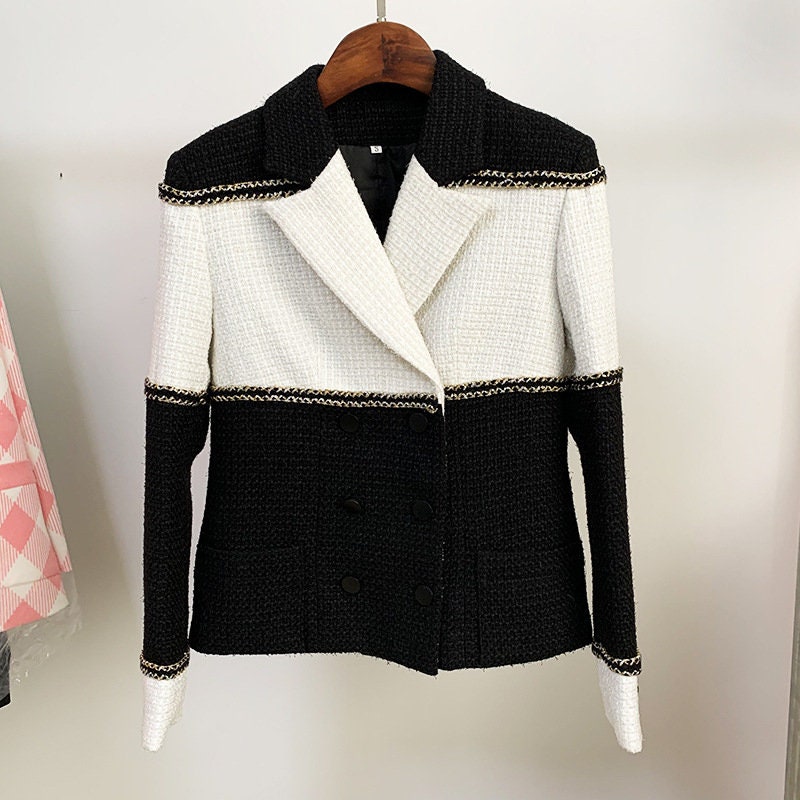 Black & white patchwork blazer, designer woman deluxe suit jacket smart casual formal office work wedding prom birthday gift