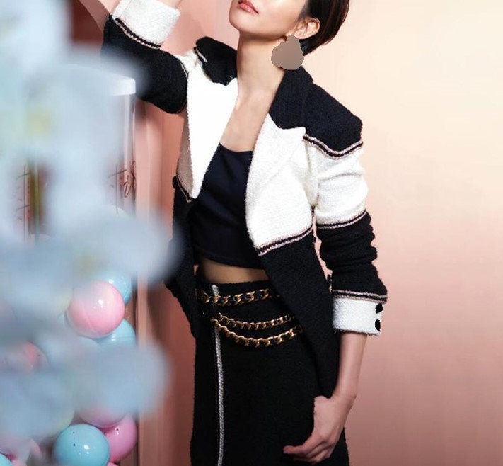 Black & white patchwork blazer, designer woman deluxe suit jacket smart casual formal office work wedding prom birthday gift