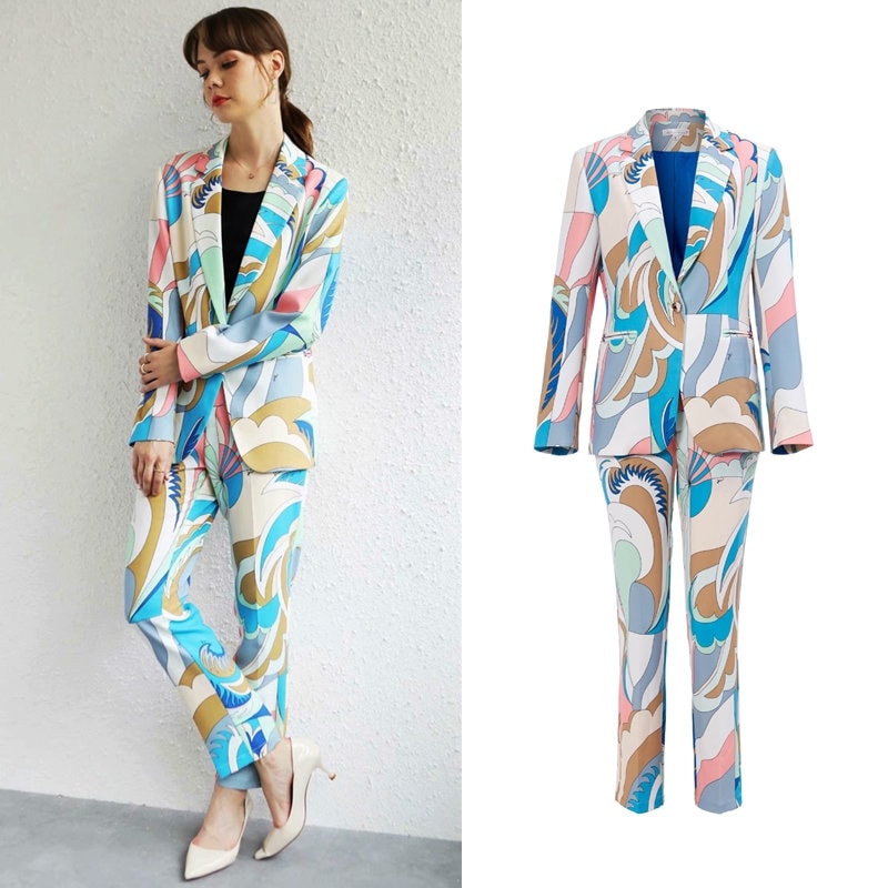 Abstract pattern print pantsuit, designer woman colorful suit jacket + pants suit set smart casual formal office work wedding prom gift