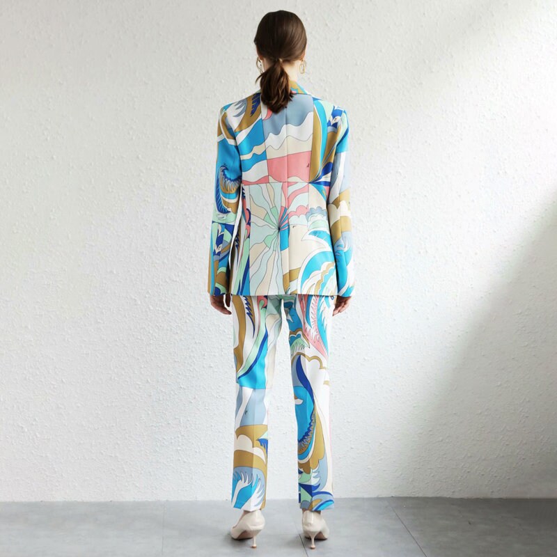 Abstract pattern print pantsuit, designer woman colorful suit jacket + pants suit set smart casual formal office work wedding prom gift