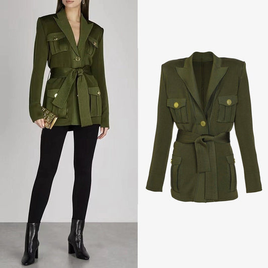 Military green/ black long jacket, designer woman minimalist style long blazer smart casual formal office work wedding prom birthday gift