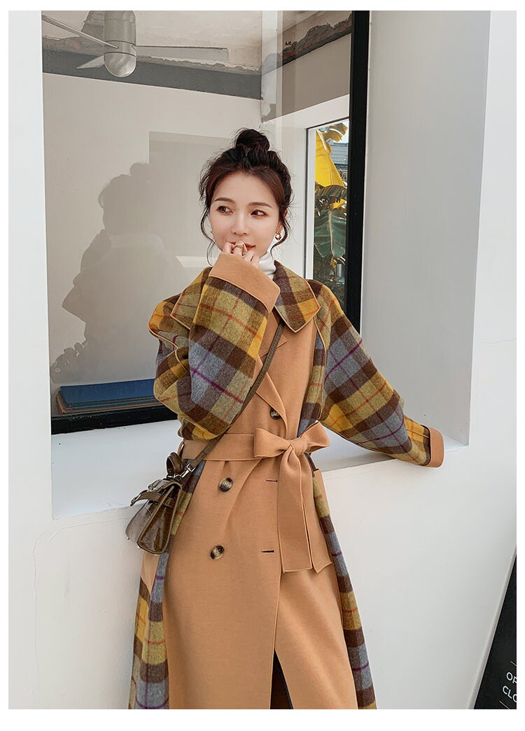 Patchwork Wool Trench Coat, Designer Woman checkered Raincoat for Smart Casual/ Formal/Outdoors/ Gift for her