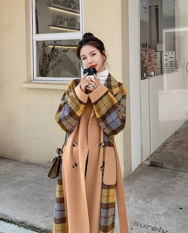 Patchwork Wool Trench Coat, Designer Woman checkered Raincoat for Smart Casual/ Formal/Outdoors/ Gift for her