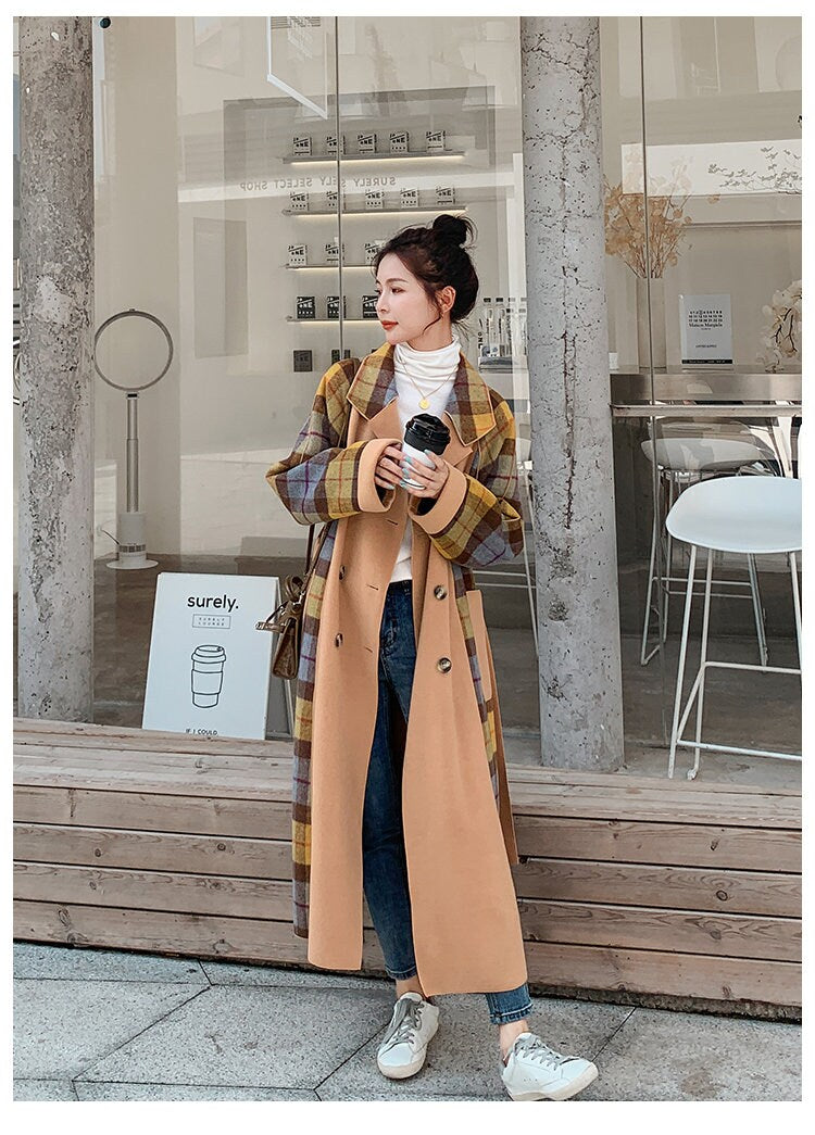 Patchwork Wool Trench Coat, Designer Woman checkered Raincoat for Smart Casual/ Formal/Outdoors/ Gift for her