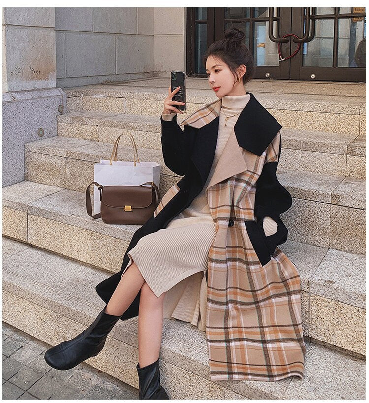 Black Patchwork Trench Coat, Designer Woman classic Winter Falls Wool Raincoat for Smart Casual/ Formal/Outdoors/ Gift for her