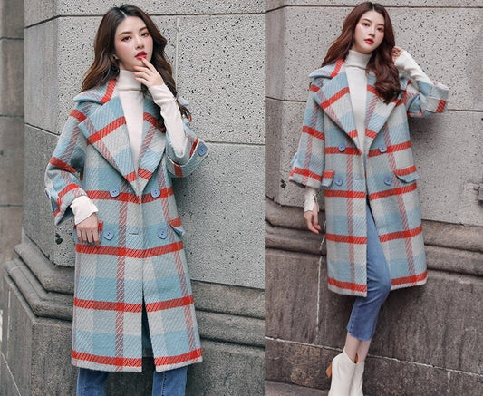 Checkered Trendy Trench Coat, Designer Woman classic Winter Falls Wool Raincoat for Smart Casual/ Formal/Outdoors/ Gift for her