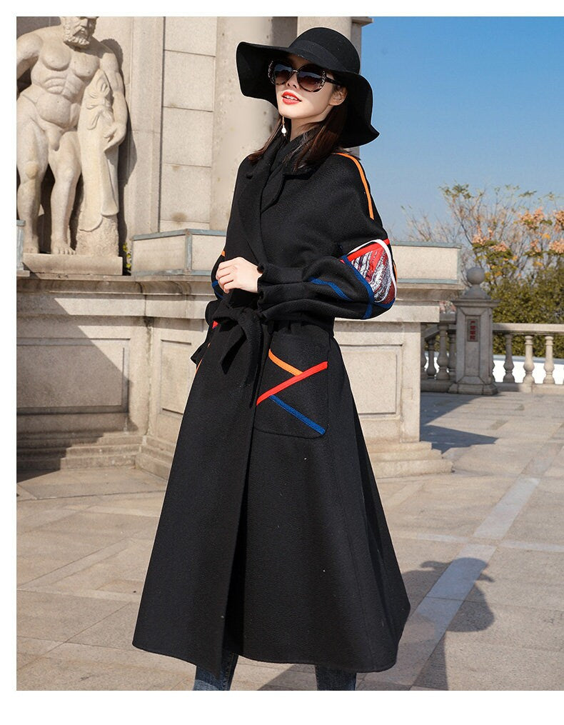 Black Slim cut Trench Coat, Designer Woman Creative Winter Falls Raincoat for Smart Casual/ Formal/Outdoors/ Gift for her