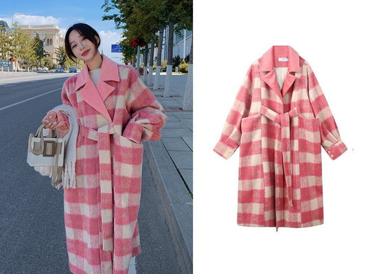 Pink Checkered Fluffy Trench Coat, Designer Woman Winter Falls Raincoat for Smart Casual/ Formal/Outdoors/ Gift for her