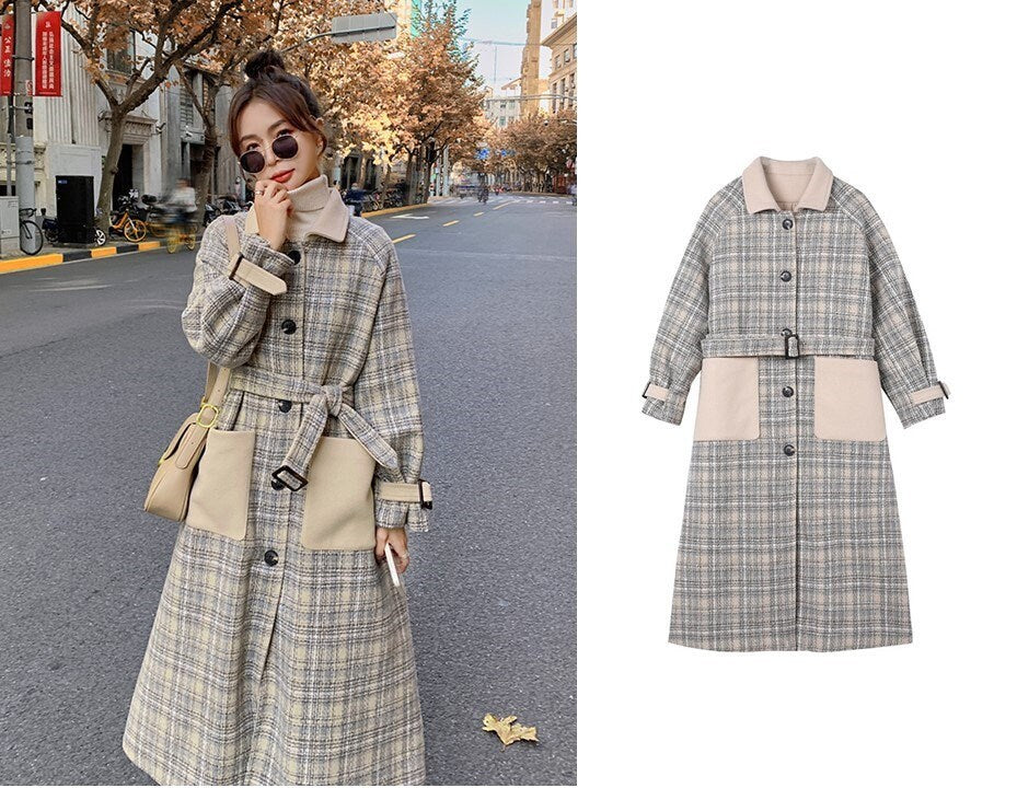 Pastel Checkered Trench Coat, Designer Woman Winter Falls Raincoat for Smart Casual/ Formal/Outdoors/ Gift for her