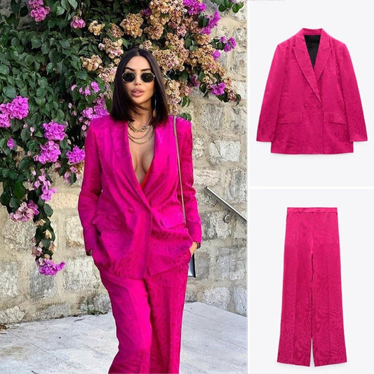 Sharp pink pantsuit, designer woman lace pattern suit jacket + pants suit set smart casual formal office work wedding prom birthday gift