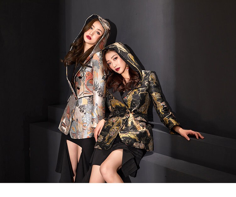 Heavy embroidery blazer with hood, designer woman suit jacket Japanese style animals graphics smart casual formal office work wedding prom