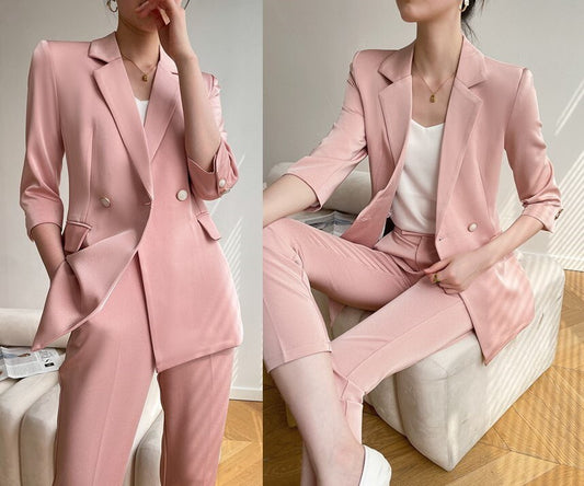 Pink Acetate Pantsuit, Designer Women Suit Jacket + Pants, Smart Causal/ Formal/ Party Event/ Prom Wedding/ Gift