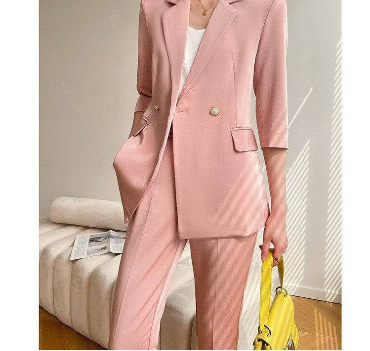 Pink Acetate Pantsuit, Designer Women Suit Jacket + Pants, Smart Causal/ Formal/ Party Event/ Prom Wedding/ Gift