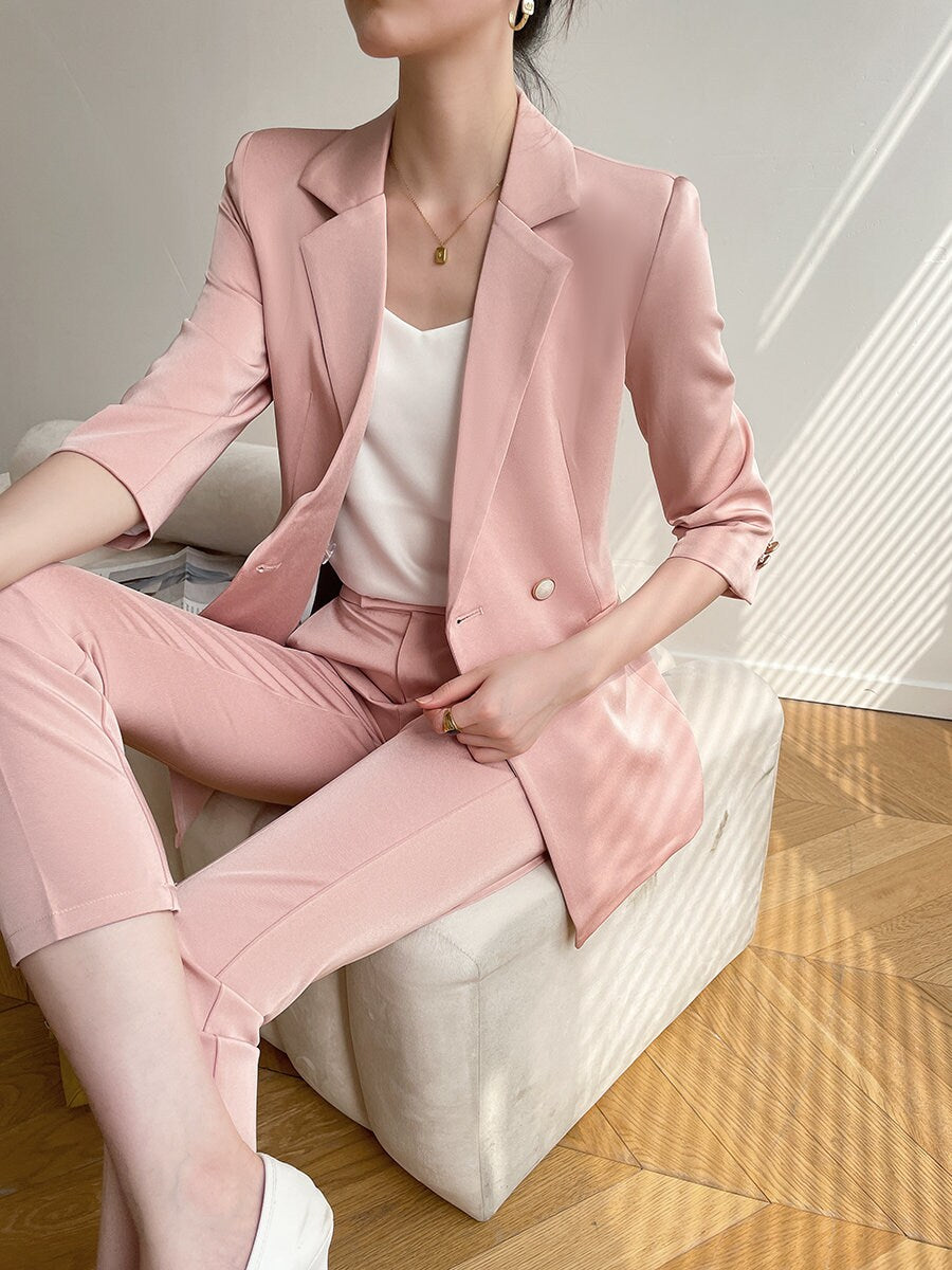 Pink Acetate Pantsuit, Designer Women Suit Jacket + Pants, Smart Causal/ Formal/ Party Event/ Prom Wedding/ Gift