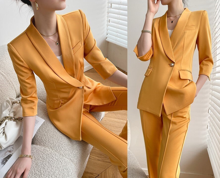 Orange yellow Acetate Pantsuit, Designer Women half sleeves Suit Jacket + Pants, Smart Causal/ Formal/ Party Event/ Prom Wedding/ Gift