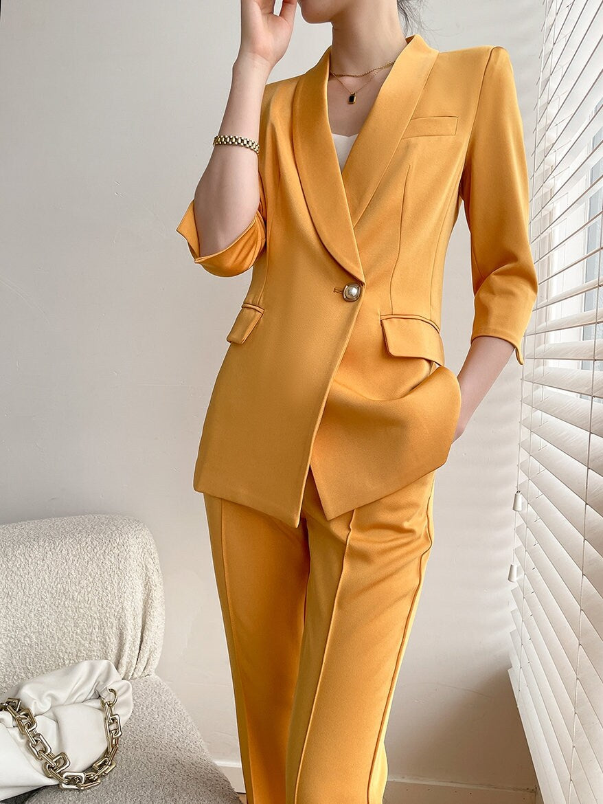 Orange yellow Acetate Pantsuit, Designer Women half sleeves Suit Jacket + Pants, Smart Causal/ Formal/ Party Event/ Prom Wedding/ Gift