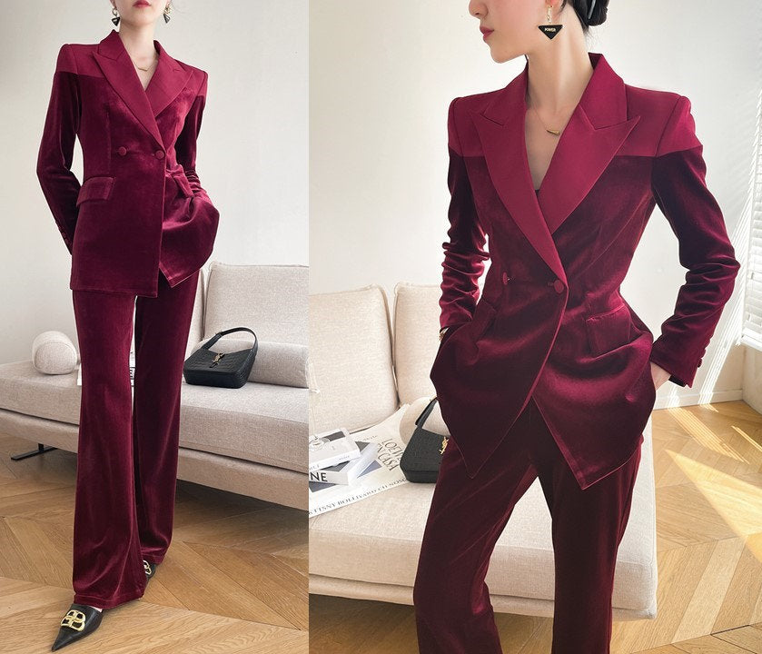 Dark Red Velvet Pantsuit, Designer Women long sleeves winter Suit Jacket + Pants, Smart Causal/ Formal/ Party Event/ Prom Wedding/Gift