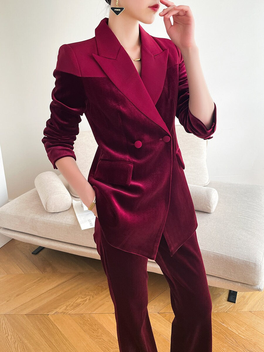 Dark Red Velvet Pantsuit, Designer Women long sleeves winter Suit Jacket + Pants, Smart Causal/ Formal/ Party Event/ Prom Wedding/Gift