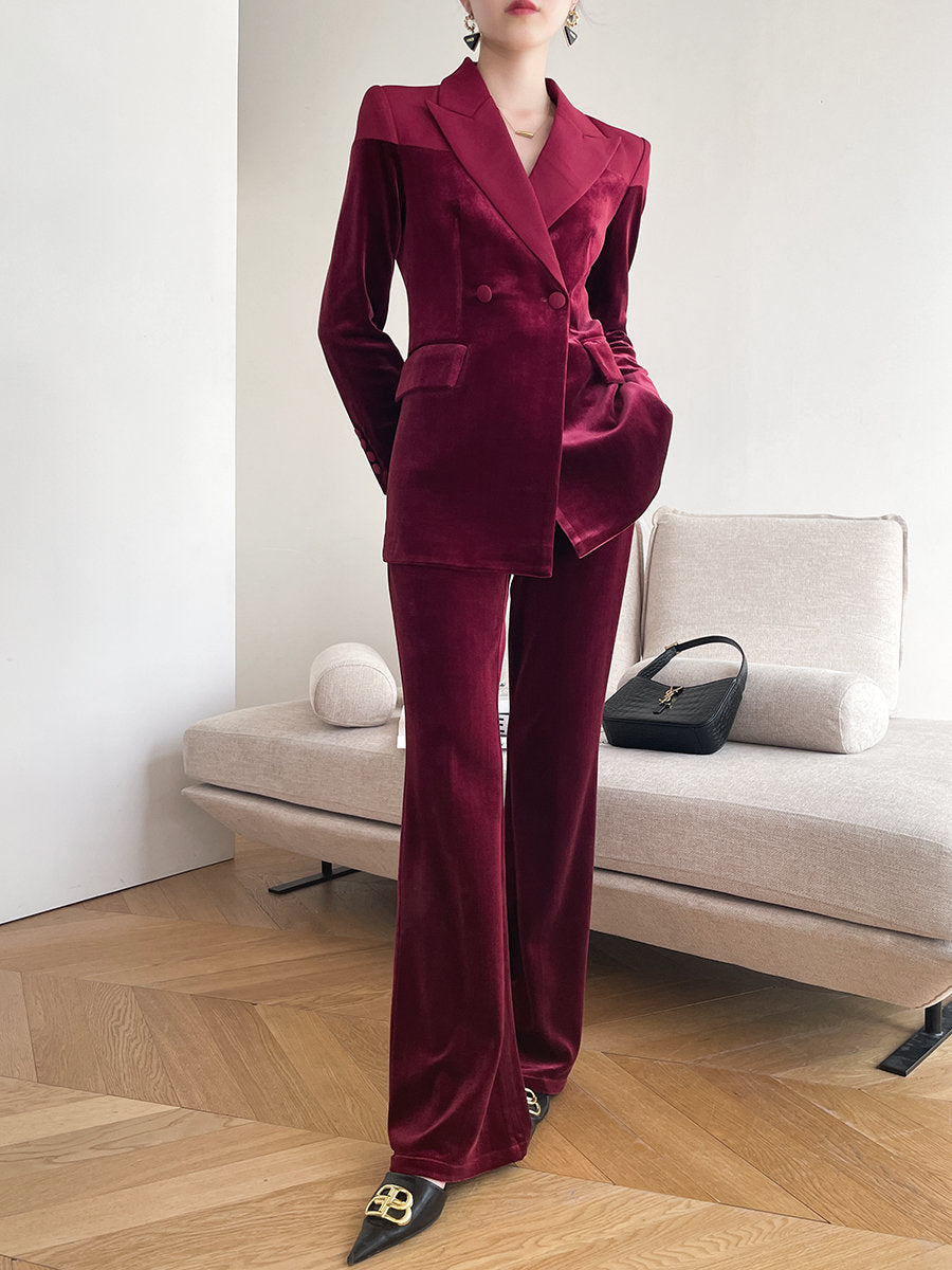 Dark Red Velvet Pantsuit, Designer Women long sleeves winter Suit Jacket + Pants, Smart Causal/ Formal/ Party Event/ Prom Wedding/Gift