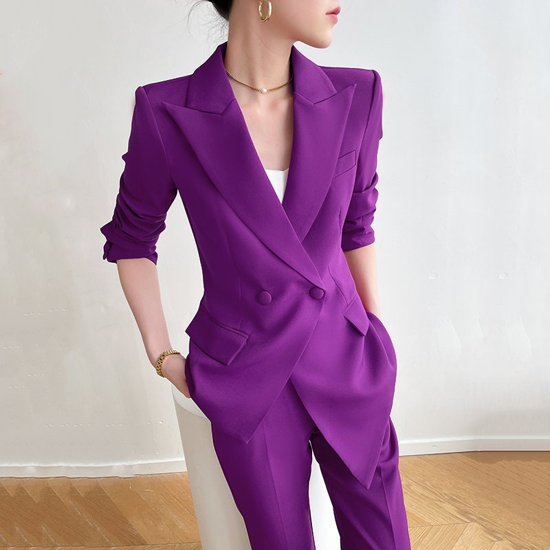 Purple Trendy Pantsuit, Designer Women sleeved winter falls Suit Jacket + Pants, Smart Causal/ Formal/ Party Event/ Prom Wedding/Gift