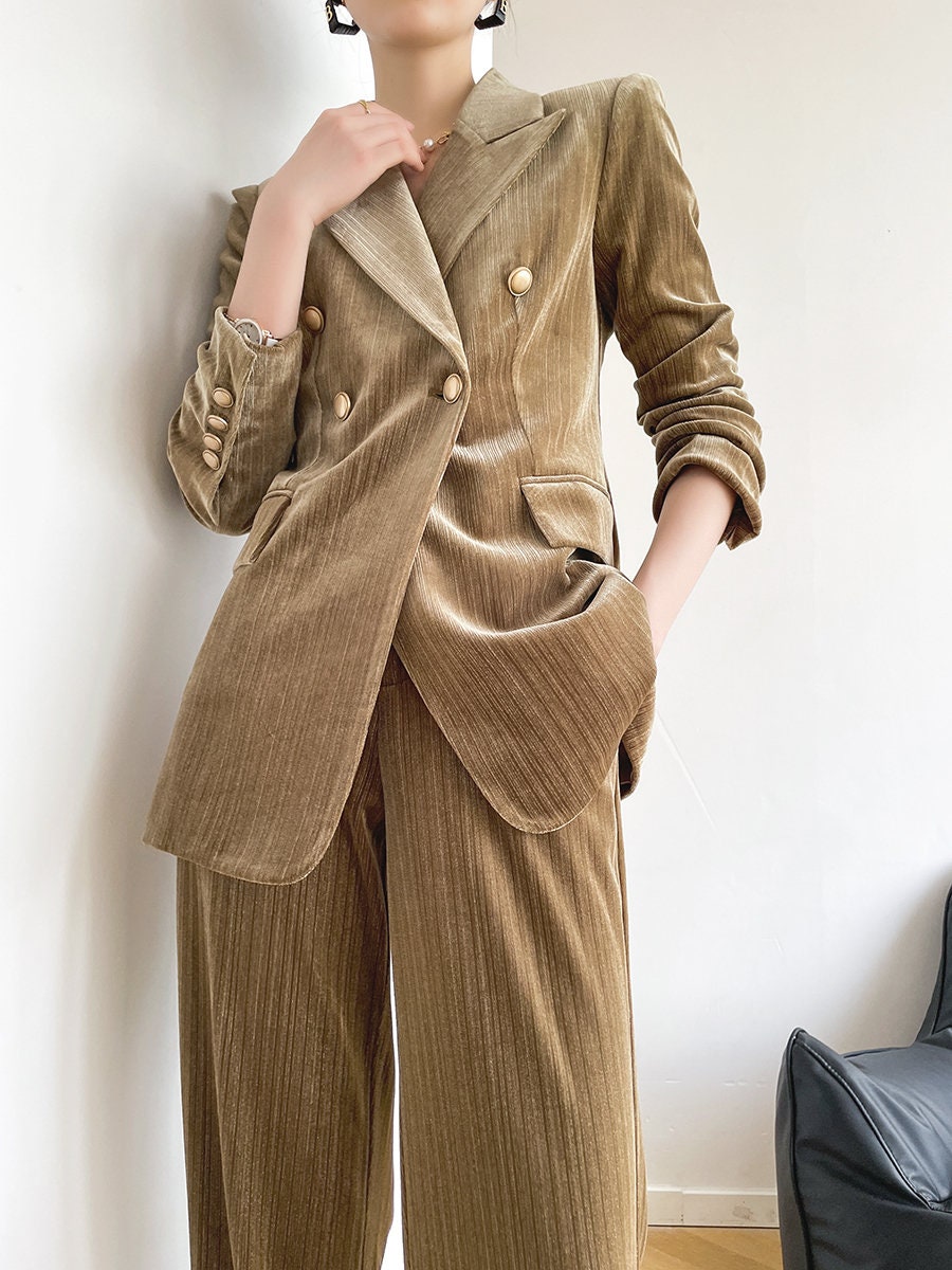 Khaki Velvet Pantsuit, Designer Women sleeved winter double breasted Suit Jacket + Pants, Smart Causal/ Formal/ Party Event/ Prom Wedding