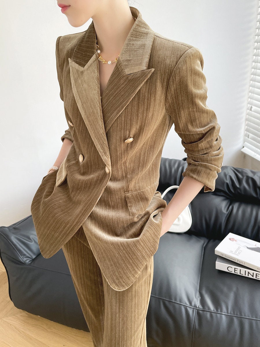 Khaki Velvet Pantsuit, Designer Women sleeved winter double breasted Suit Jacket + Pants, Smart Causal/ Formal/ Party Event/ Prom Wedding