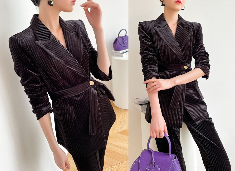 Black Velvet Pantsuit, Designer Women sleeved winter Striped Suit Jacket + Pants, Smart Causal/ Formal/ Party Event/ Prom Wedding/Gift