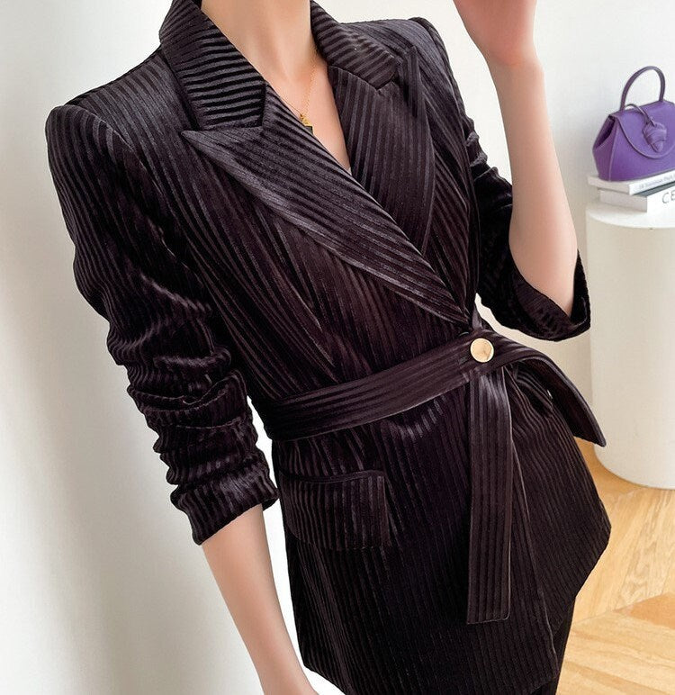 Black Velvet Pantsuit, Designer Women sleeved winter Striped Suit Jacket + Pants, Smart Causal/ Formal/ Party Event/ Prom Wedding/Gift