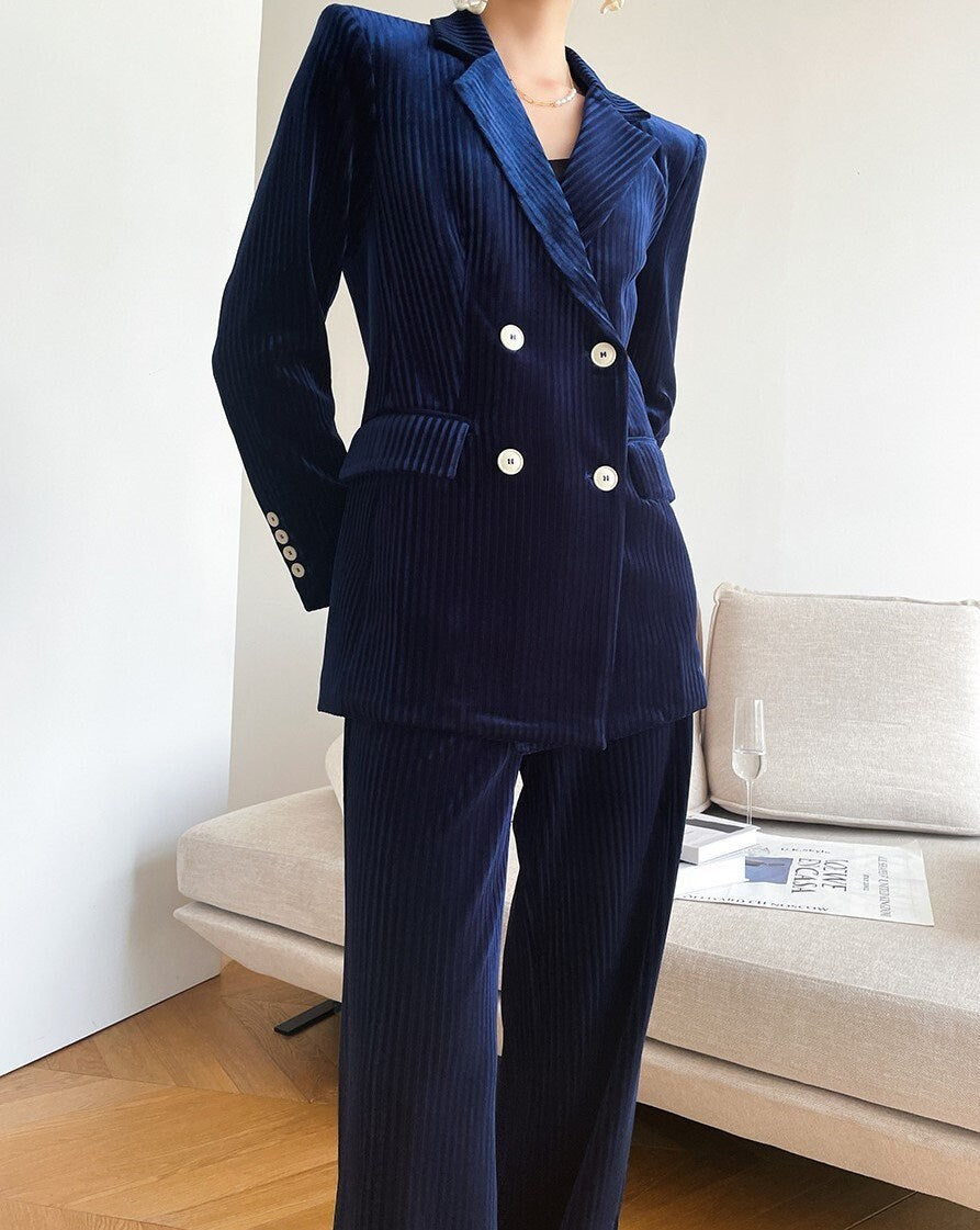 Dark Blue Velvet Pantsuit, Designer Women double breasted winter Suit Jacket + Pants, Smart Causal/ Formal/ Party Event/ Prom Wedding/Gift