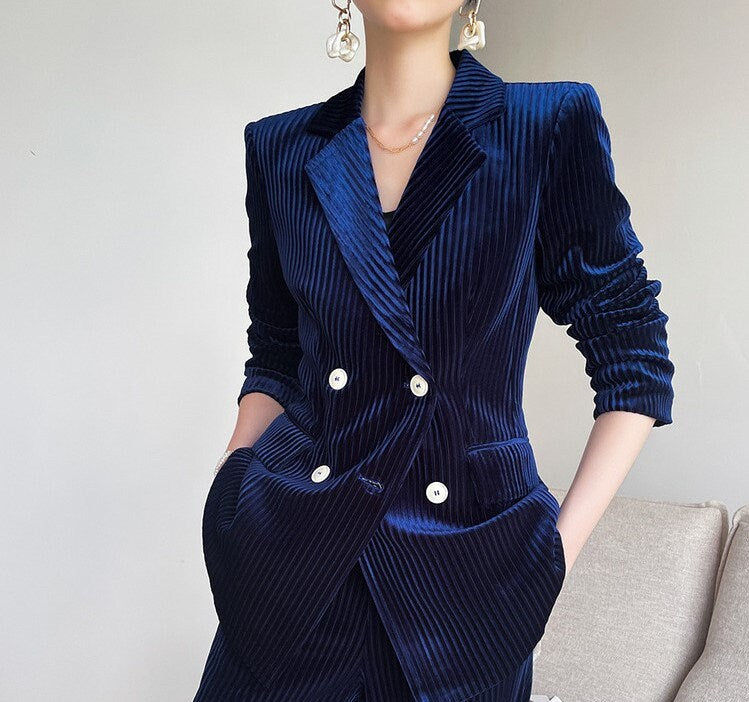 Dark Blue Velvet Pantsuit, Designer Women double breasted winter Suit Jacket + Pants, Smart Causal/ Formal/ Party Event/ Prom Wedding/Gift