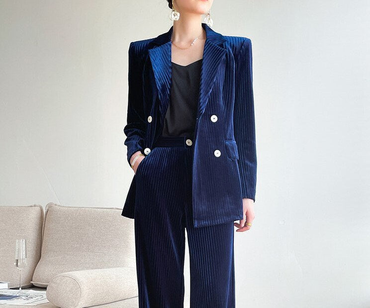 Dark Blue Velvet Pantsuit, Designer Women double breasted winter Suit Jacket + Pants, Smart Causal/ Formal/ Party Event/ Prom Wedding/Gift