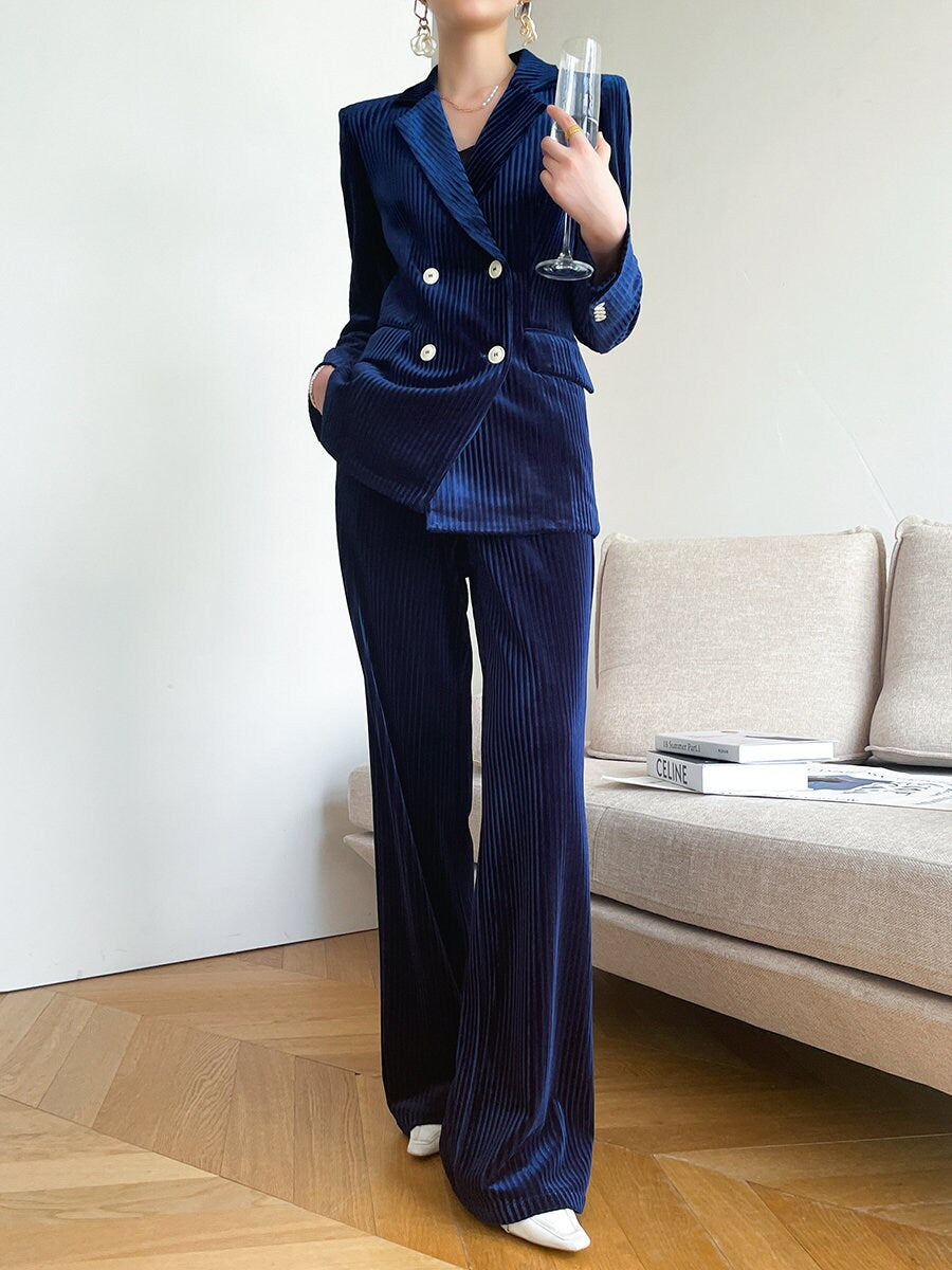 Dark Blue Velvet Pantsuit, Designer Women double breasted winter Suit Jacket + Pants, Smart Causal/ Formal/ Party Event/ Prom Wedding/Gift